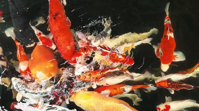 Slow Motion of Crowd of Colorful Koi Fish Swarming and Swimming in Pond