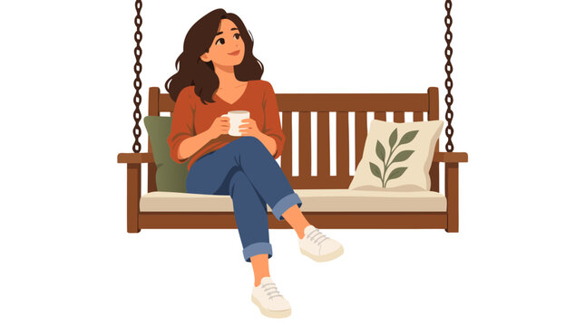 Young woman relaxing on wooden outdoor porch swing holding coffee mug enjoying peaceful evening, cozy home leisure and tranquil mindfulness after workday in bold flat vector illustration style