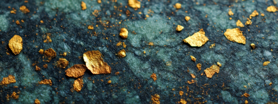 Gold flakes scattered on a green stone surface