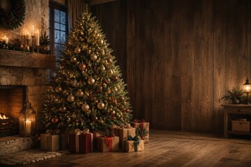 Fototapeta premium Cozy rustic living room with decorated Christmas tree
