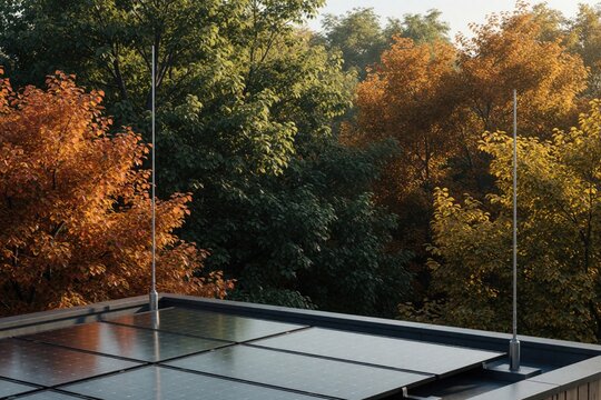 Metal lightning rods installed on roof with solar panels. Protective rods stand above photovoltaic cells for safety. Green, orange autumn trees in forest background during sunset. Eco friendly energy