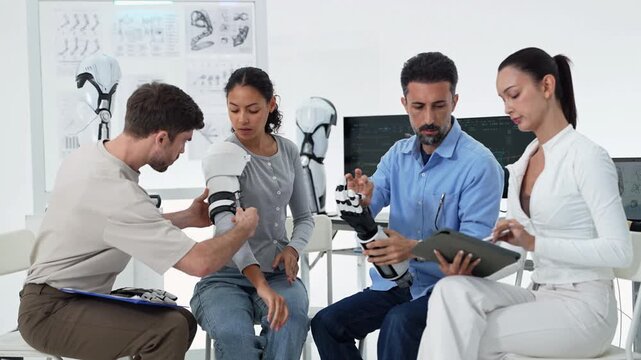 Four bionics specialists sit close together in a lab, one adjusting a prosthetic arm on a young woman while another holds a black robotic hand and a woman takes notes