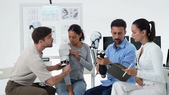 Engineer leans forward pointing at a robotic hand held by a colleague in a blue shirt while the seated team examines prosthetic parts beside a robot arm model