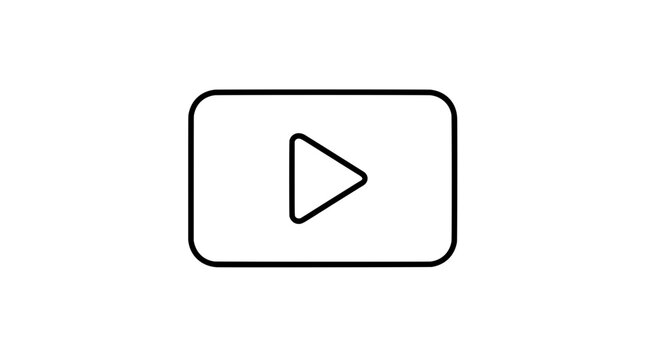 Line art illustration of a rounded rectangular video play button enclosing a centered play triangle drawn with bold uniform lines in symmetric frontal composition for clear media playback signaling