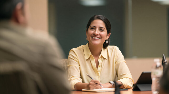 Professional Hispanic businesswoman taking notes during a corporate meeting
