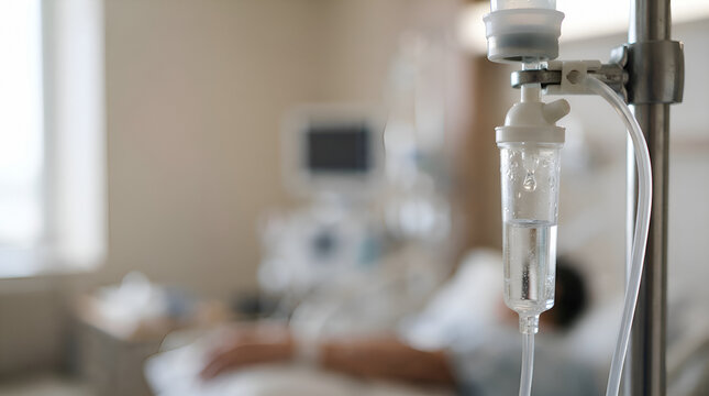 Intravenous drip bag with saline solution hanging on medical stand in hospital room with blurred clinical background