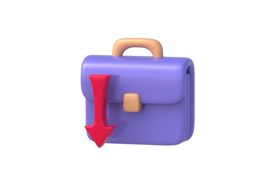 Financial portfolio risks. Investment market decline. Severe revenue slump. Negative business statistics. Briefcase beside down arrow isolated on white background. 3d render