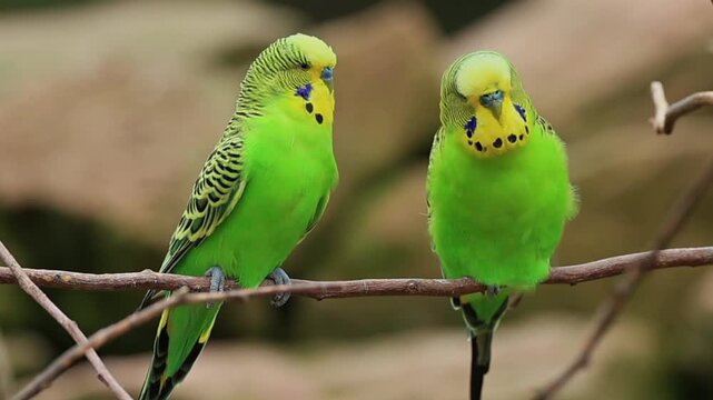 Budgerigar (Melopsittacus undulatus), adult, two, male, waiting, branch, social behaviour, Australia