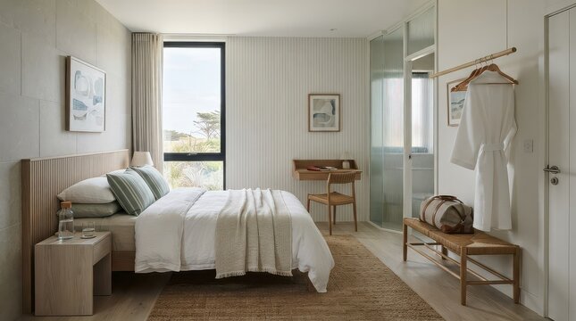 Modern bedroom with double bed and glass bathroom partition
