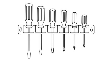 Obraz premium Black outline vector icon of a mounted rack holding a row of six screwdrivers with ribbed handles and varied tips decreasing in size rendered in medium uniform lines emphasizing organized storage