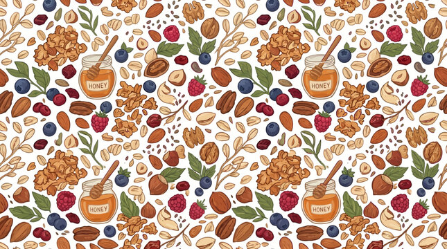 Healthy breakfast granola and berry seamless pattern