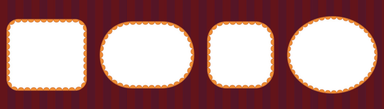 Orange scalloped lace border frames form rounded rectangle, oval, square plus ellipse shapes on burgundy striped background as bold modern trim vector illustration for labels and invitations.