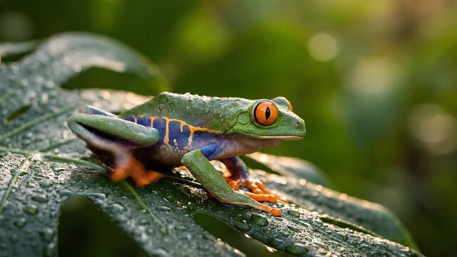 Vibrant Red Eyed Tree Frog Resting on a Leafy Branch in Lush Green Forest.