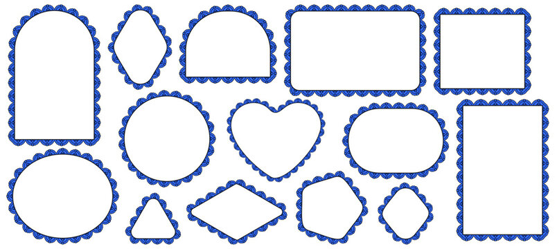 Royal blue pearl scallop lace frames outline arch, heart, oval, diamond plus pentagon borders on white as ornate Victorian textile trim for wedding invitations or craft label cards.