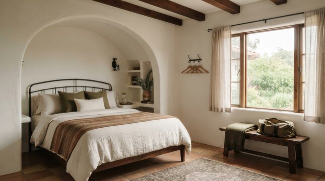 Bedroom with arched bed alcove striped runner and travel bag on window bench