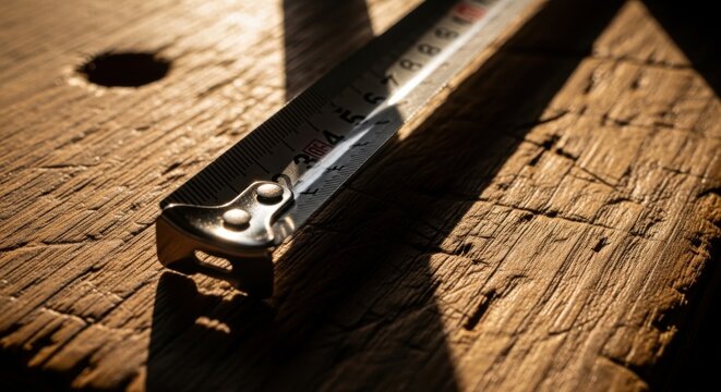 Close up of a metal measuring tape on a rustic wooden surface casting long shadows in warm sunlight symbolizing DIY construction and precision