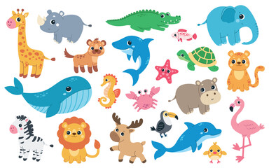 Obraz premium A big collection of cute wild animals, African safari fauna, and colorful sea creatures designed for kids educational materials and nursery prints