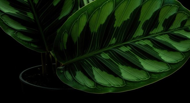 Close up of a vibrant green Calathea plant leaf with striking dark patterns isolated on a black background