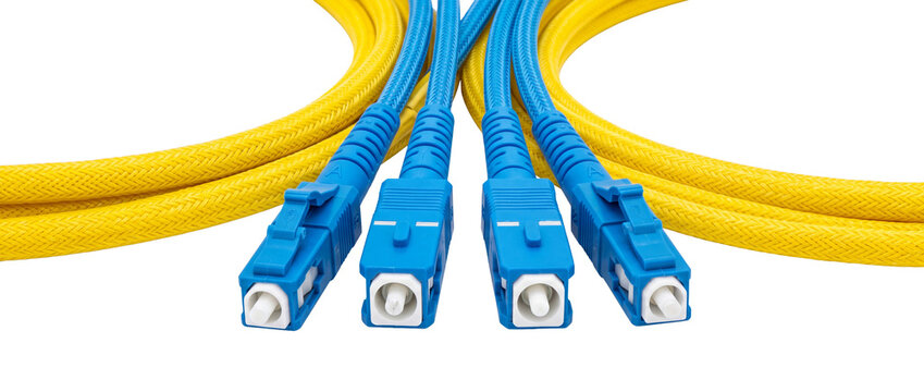 Fiber optic cable patch cord blue SC connector network infrastructure yellow optical fiber lines for high speed internet data transmission bandwidth telecommunication technology concept on black backg