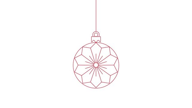 Continuous line art animation of a swinging Christmas bauble ornament, minimal red holiday pendulum decoration line drawing for winter, xmas, and luxury festive branding