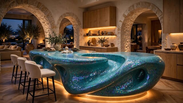Luxury Kitchen Island with Organic Blue Mosaic Tile Design
