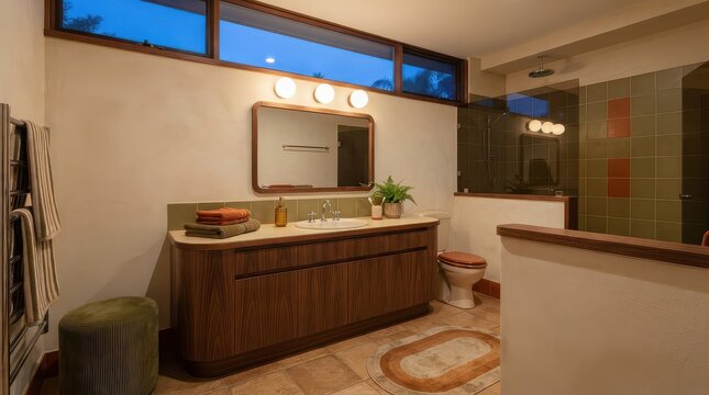 Wood vanity bathroom with olive tiled shower and clerestory windows