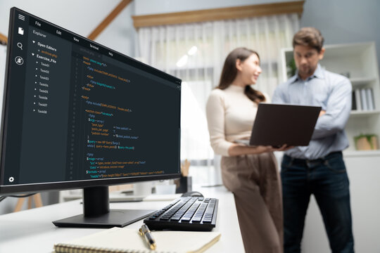 Software development programming on computer screen for brisk application and program coding