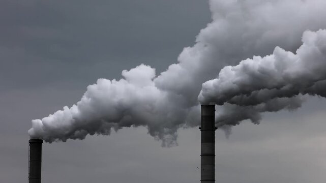 Pollution, industry, smoke pouring out of a factory chimney, Lenzing, Upper Austria, Austria