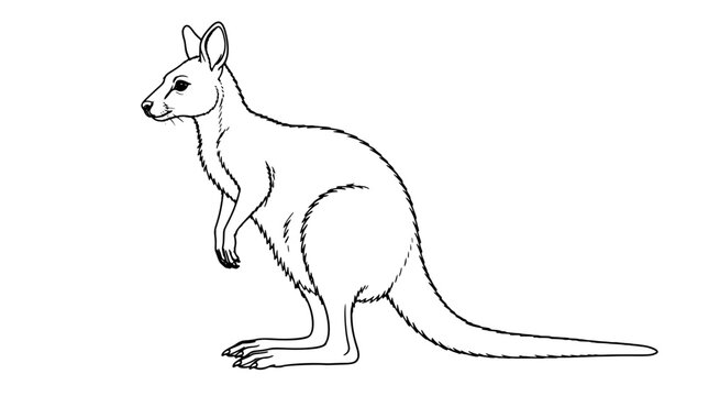 Black outline vector icon of a wallaby standing in side profile with forelimbs, hind legs, long tapering tail and upright ears rendered in thin lines with lateral composition ending at tail tip