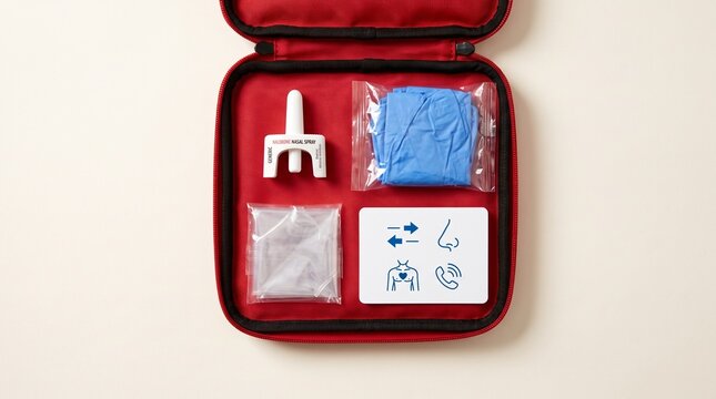 Emergency medicine: Naloxone nasal spray rescue kit prepared for rapid opioid overdose response