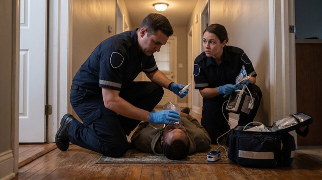 Emergency medicine: Paramedics administer naloxone to unconscious Black overdose patient at home