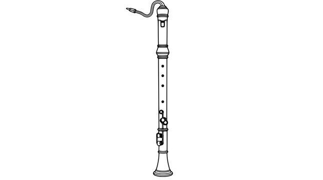Black outline vector icon of a tall bass recorder with curved bocal crook mouthpiece, finger holes, keys and flared bell drawn with thin lines in upright vertical composition showing long narrow form