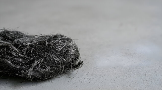 Tangled ball of dark twine or jute rope on neutral gray surface
