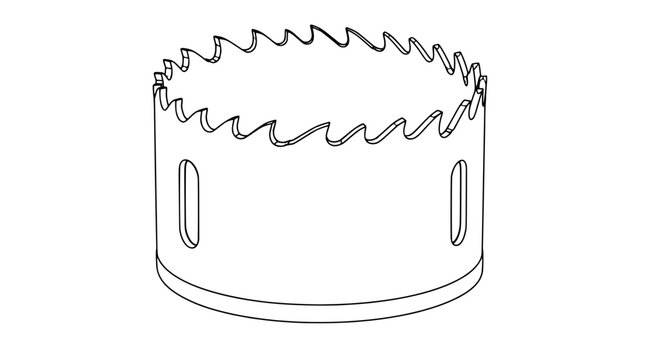Black outline vector icon of a cylindrical bimetal hole saw cup with jagged variable pitch teeth on top rim and oval side slots, drawn with thin lines in centered three-quarter perspective view