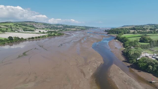 Fields and Farms over River Teign at low tide from a drone, Newton Abbot, Devon, England, United Kingdom