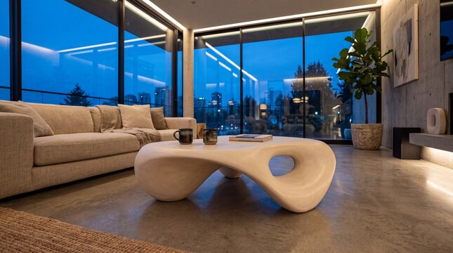 Contemporary Sculptural Ceramic Coffee Table in Modern Penthouse at Dawn