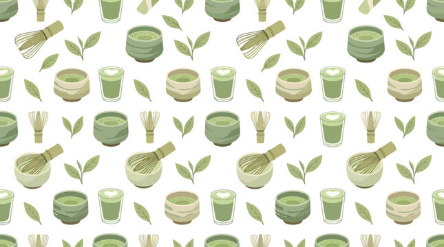 Matcha tea set pattern isolated