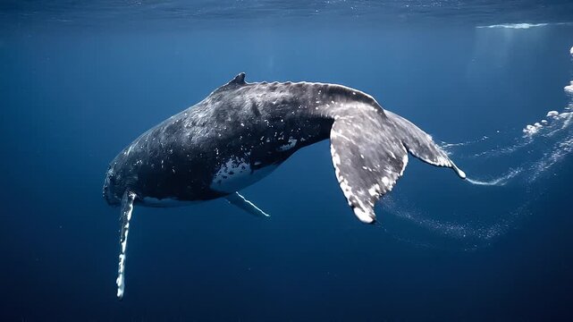 Majestic Humpback Whale Swimming Gracefully Underwater in Deep Blue Ocean.