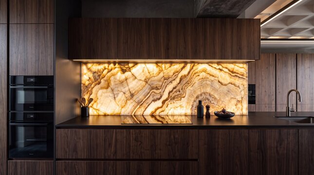 Illuminated Onyx Stone Splashback in a Contemporary Luxury Kitchen Interior
