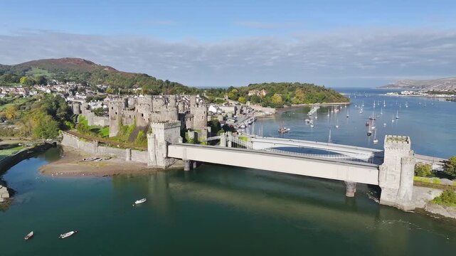 Conwy Castle over River Convy from a drone, Convy, North Wales, England, United Kingdom