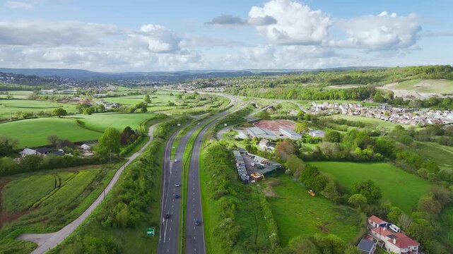 Farms and Fields from a drone over Kingskerswell and Road A380, Devon, England, United Kingdom