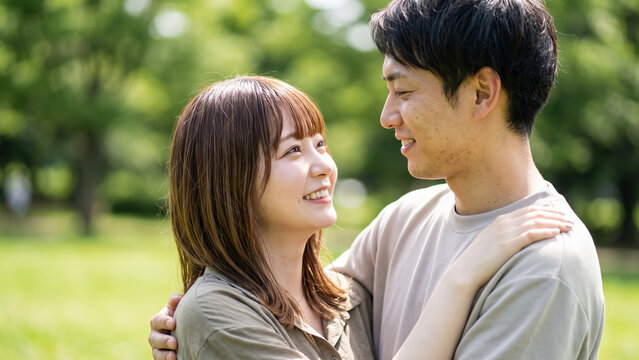Japanese couple smiling and embracing in a park, young man and woman sharing a tender moment outdoors.