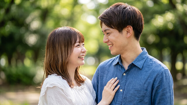 Young Japanese couple smiling and looking at each other in a green park