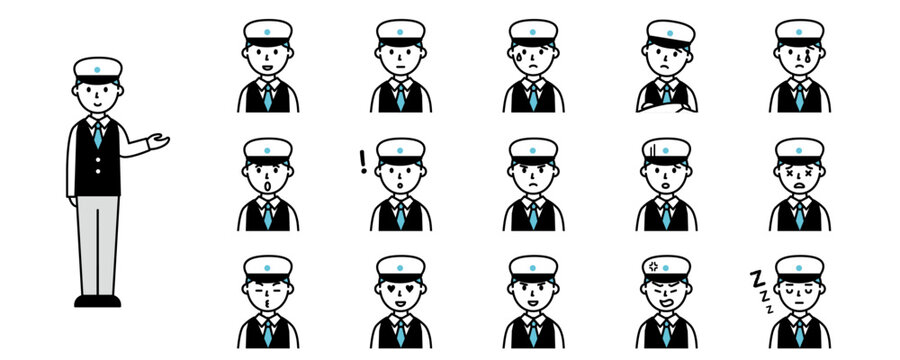 制服・制帽を着用したタクシードライバー・運転手の男性が案内する全身像と、喜怒哀楽などの様々な表情バリエーションをまとめたイラスト素材。