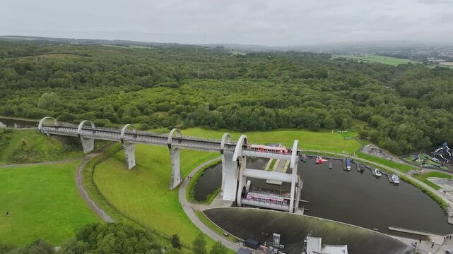 Filkirk Wheel from a drone, Forth and Clyde Canal, Falkirk, Scotland, UK