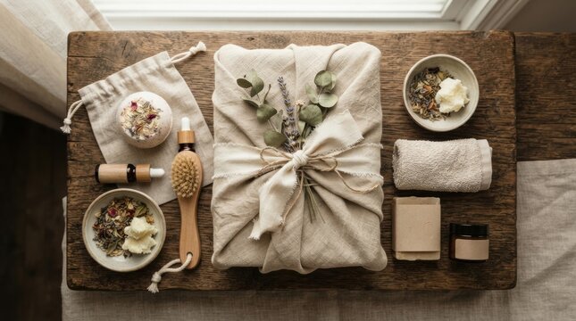 linen spa gift packaging flat lay Spa gift set wrapped in cloth with natural skincare and bath accessories