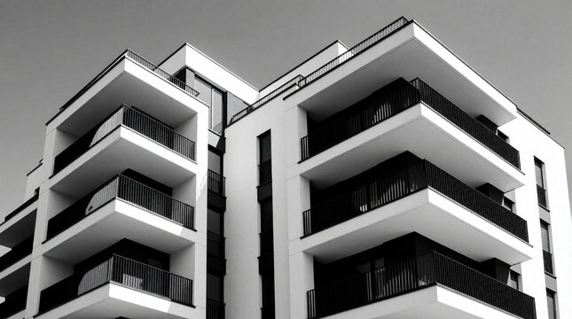 Modern luxury apartment building facade with balconies. Black, white exterior view of new residential house. Contemporary urban architecture shows white walls, dark metal railings under clear sky.