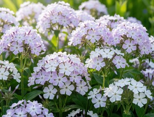 Obraz premium Close up of sweet william phlox flowers blooming in spring garden. Pale purple, white blossoms grow on green stems among leaves. Beautiful floral landscape shows seasonal nature beauty during bright