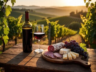 Obraz premium Red wine bottle, glass stand on wooden table in sunny vineyard. Charcuterie board with salami, cheese, purple grapes sits nearby. Beautiful sunset landscape view over green hills, grape rows during