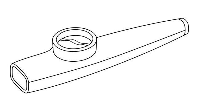 Black outline vector icon of a tapered kazoo with mouthpiece rounded end cap and central circular membrane chamber drawn with thin black lines in diagonal side view highlighting musical shape